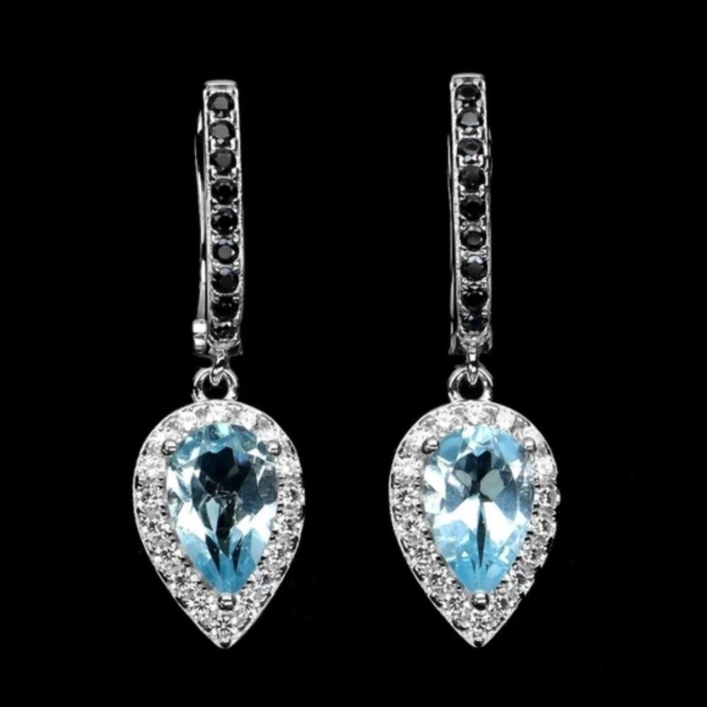 Natural Blue Topaz  & Black‎ Spinel 925 Sterling Silver Earrings